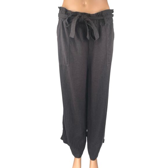 Blank NYC  Black Linen High Rise Drawstring Paperbag Wide Leg Trousers Pants L - Picture 1 of 5